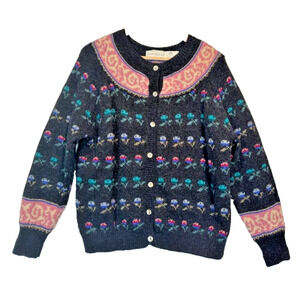 Vtg Robert Scott Ltd 100% Wool Cardigan Sweater Floral Women Sz 36 MED Button Up